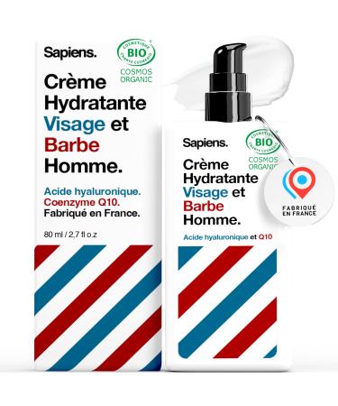 Sapiens Barbershop Organic Moisturizing Face Cream for Men Beard 80ml - 2in1 Face Cream & Beard Care for Men - Hyaluronic Acid and Q10 - Anti-Wrinkle Anti-Dark Circle Face Care - All Skin Types