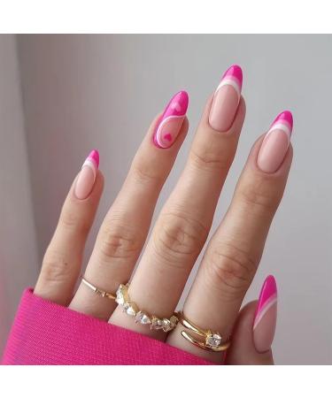 24pcs Short Almond False Nails French Tip Stick on Nails Rose Red Tip Press on Nails Removable Glue-on Nails Fake Nails Women Girls Nail Art Accessories 0252Y08