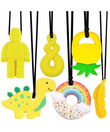 6PCS Sensory Chew Necklace Teether Chew Toys Safety Food Grade Silicone for Kids Toddlers ADHD Autistic Biting Needs Oral Motor Teether Chew Pendant Toy with Adjustable Buckle for Baby (Yellow)