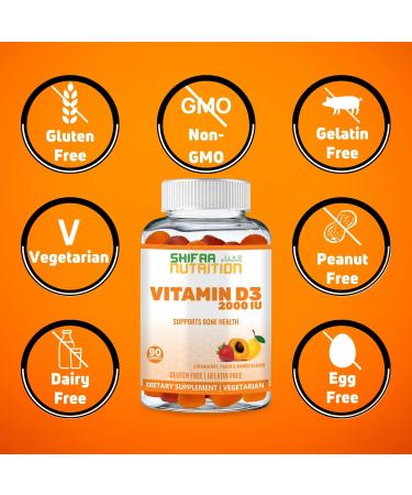 SHIFAA NUTRITION Vegetarian Vitamin D3 Gummies | 2000IU/1000IU | Halal, Non-GMO, Gluten-Free | Supports Bones, Muscles, Immune System | Adults & Kids - Buy Online on GoSupps.com