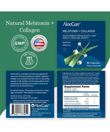 AloeCure Natural Melatonin + Collagen with Organic Aloe Vera - Natural Sleep Aid Supplement for Restful Nights - Collagen Complex for Joint Strength Skin Elasticity Hair & Nail Growth 30 Capsules 1 - Buy Online on GoSupps.com