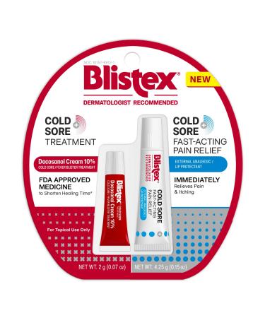 Blistex Cold Sore Kit Cold Sore/Fever Blister Treatment Docosanol Cream 10% Shortens Healing Time (2g/0.7oz) Fast-Acting Pain Relief Cream with Maximum Strength Lidocaine (4.25g/0.15oz)