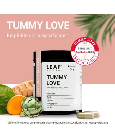 Leaf Tummy Love Capsules - Vegan Nutritional Supplement with Turmeric Cinnamon Ginger & Artichoke | 45 Days Supply | Sustainable Packaging | Made in Germany - Buy Online on GoSupps.com