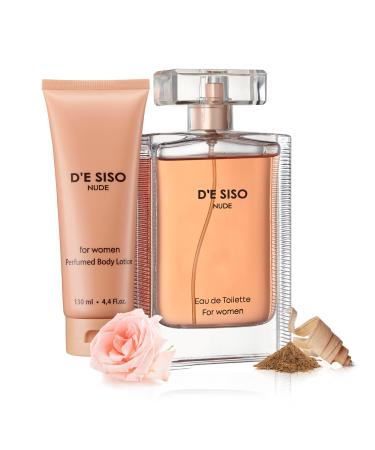 D'e Siso Classic Nude Fragrances Gift Set - Moisturizing Scented Body Lotion and Eau de Toilette Floral Perfume for Women with Vanilla Jasmine Rose and Musky Ingredients - Locion y Perfume de Mujer Nude Set