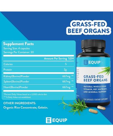 Equip Foods Grass-Fed Beef Organs Supplement - Heart, Kidney & Spleen Support - Detox & Digestion - Hormone Antibiotic Free - 120 Capsules - Buy Online on GoSupps.com