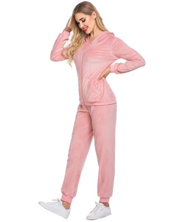 Hotouch Velour Tracksuit Womens 2 Piece Sweatshirt & Sweatpants Set Full Zip Hoodie Sweatsuit with Pockets Pink Medium