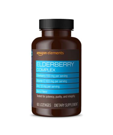 Amazon Elements Elderberry Complex, Immune System Support, 60 Berry Flavored Lozenges, Elderberry 100mg, Vitamin C 103mg, Zinc 12mg per Serving (Packaging may vary)