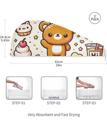 Cute Teddy Bear Dessert Hair Towel 2 Pack | Super Absorbent Quick Dry Hair Turbans for Women & Girls - Perfect Gift - Buy Online on GoSupps.com