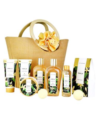 Spa Luxetique Spa Baskets Gift Set - Vanilla Bath Set  Women Bath Basket Gifts with Bubble Bath  Bath Bombs  Body Lotion  Shower Gel  Bath Salts  Birthday Gifts for Women