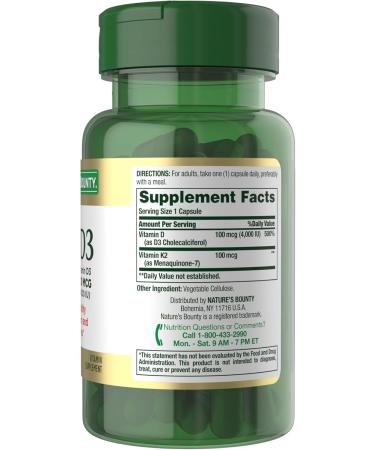 Nature's Bounty Vitamin D3 K2 Supplement 4000 IU Vitamin D3 Plus 100 mcg of Vitamin K Supplements for Adults for Heart & Bone Health Support 60 Day Supply 60 Vegetarian Capsules (Pack of 3) 60 Count (Pack of 3) - Buy Online on GoSupps.com