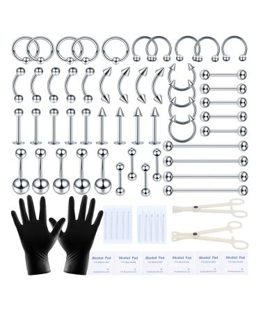 Xpircn 70PCS Piercing Kit Stainless Steel Opal 14G 16G Lip Nose Tongue Tragus Cartilage Daith Eyebrow Belly Button Rings Clear Retainer Piercing Jewelry Silver