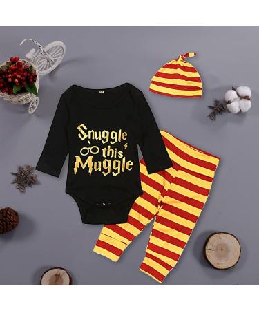 Baby Boys Girls Snuggle This Muggle Outfit Set | Black Long Sleeve Bodysuit & Striped Pants with Hat | 0-6 Months - Buy Online on GoSupps.com