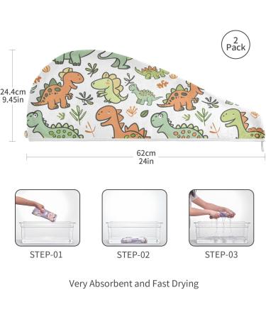 Cute Cartoon Dinosaurs Hair Towel 2 Pack - Super Absorbent Quick Drying Hair Turbans for Women & Girls - Buy Online on GoSupps.com