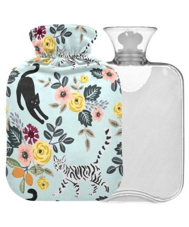 NAANLE hot water bottle with flower motif and coating transparent warm water bottle 1 l hot water bottle for pain relief heat and cold therapy bed hand feet warmer 1L