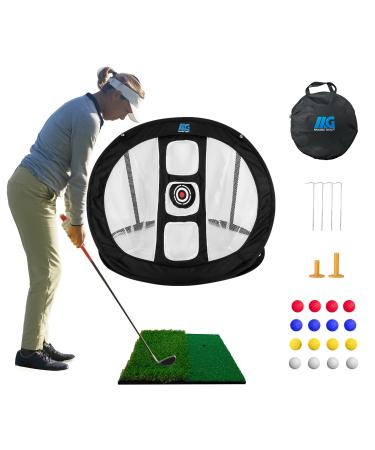 Pop-up Chipping Net with Turf Hitting Mat Set Indoor Outdoor - 3 Target Golf Practice Hitting Net Training Aids Gift - 16 Golf Practice Balls & 4 Ground Stakes, with Bag
