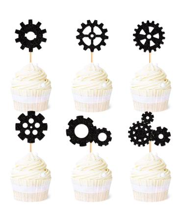 Ercadio 24 Pack Robot Gears Cupcake Toppers Black Cartoon Robot Gears Cupcake Toppers Picks Robot Gear Happy Birthday Cake Decor for Robot Theme Boys Birthday Baby Shower Party Supplies Pattern 4