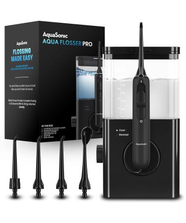 AquaSonic Aqua Flosser PRO | Professional Water Flosser with Large Capacity Reservoir | Oral Irrigator w/ 2 Modes 10 levels of Water Pressure 4 Included Tips | Sleek & Compact | Dentist Recommended Black