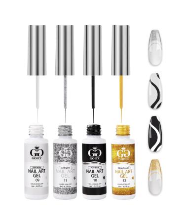 Nail Art Polish Set Gel Liner Nail Art Kit For Nail Design Polish Gel Art Paint For Nail 4 Colors Black White Glitter Silver Gel Nail Polish Soak off Curing Requires 8ml with Thin Nail Art Brush 4-color