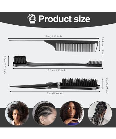 Sleek Bun Brush Set - 3 Pieces Teasing Hairbrush Edge Brush & Rat-Tailing Tool for Perfect Baby Hair - Black | International Shipping - Buy Online on GoSupps.com
