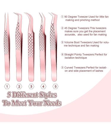5-Piece Rose Gold Eyelash Extension Tweezers Set - Straight and Curved Tips, Stainless Steel Precision Tweezers for False Lashes, Eyelash Volume, and Extension Application - Buy Online on GoSupps.com