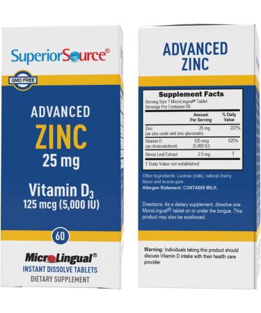Superior Source Zinc & D3 25mg/5000IU Sublingual Tablets 60 Ct - Healthy Immune System Support, Non-GMO - Buy Online on GoSupps.com
