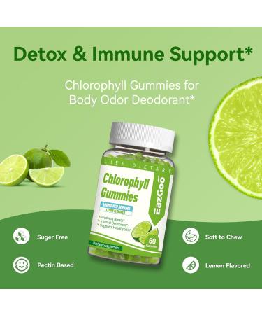 EAZGOO Chlorophyll Gummies for Body Odor Deodorant* 2 Pack Sugar Free Chewable Chlorophyll for Immune Support Women Vegan 120 Count (Lemon) - Buy Online on GoSupps.com