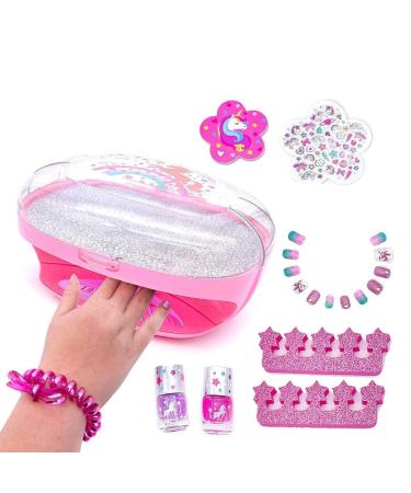 Kids Nail Polish Set for Girls with Dryer - Unicorn Manicure Kit with Scented Press-On Nails Stickers Art Non-Toxic Safe Glitter Peel off Nail Polishes File for Little Girls Tweens