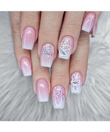Coffin False Nails 24Pcs Pink White Glitter Fake Nails Press on Nails with Glitter Gradient Glitter Nail Tips with Nail Glue Acrylic Stick on Nails for Women Girls Nails Art Gradient Glitter Pink