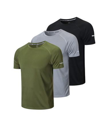 frueo Men's 3 Pack Workout Shirts Dry Fit Moisture Wicking Short Sleeve Mesh Athletic T-Shirts 00520 Black Gray Green Large