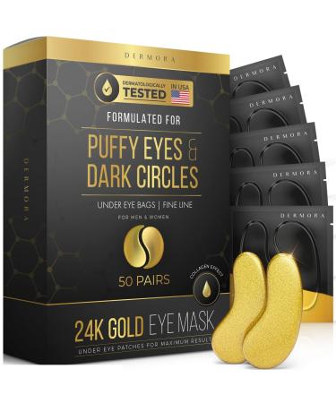 DERMORA 24K Gold Eye Mask  50 Pairs Eye Gels - Puffy Eyes and Dark Circles Treatments   Look Less Tired and Reduce Wrinkles and Fine Lines Undereye  Revitalize and Refresh Your Skin. 50 Count (Pack of 1)