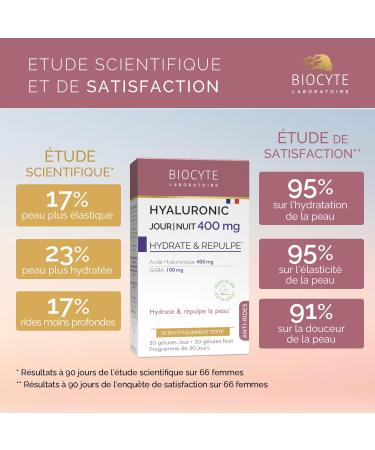BIOCYTE Hyaluronic Day/Night 400mg - Hydrates Plumps Skin Anti-Wrinkles - Hyaluronic Acid Gamma-Amino-Butryric Acid - Vegetarian - 30 Capsules Day - 30 Capsules Night - 30 Day Program - Buy Online on GoSupps.com