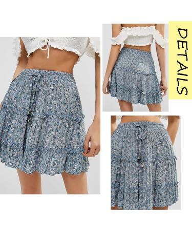 LAEMILIA Womens Floral Print Elastic Waist Flared Mini Skater Skirt - Blue - Buy Online on GoSupps.com