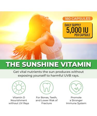 ForestLeaf Vitamin D3 5000 IU Supplement - 180 Vegetable Capsules for Bone, Teeth, and Immune Support - Buy Online on GoSupps.com