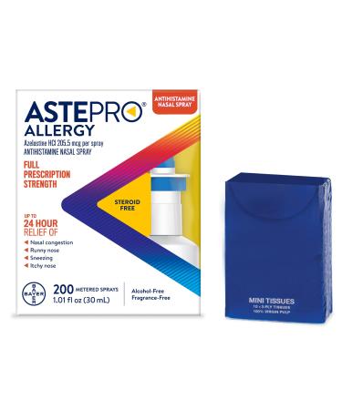 Astepro Nasal Spray and Tissue Bundle 24-Hour Allergy Relief Steroid-Free Azelastine HCI Nasal Congestion Runny & Itchy Nose 200 Metered Sprays (Packaging May Vary) 200 Count Bundle