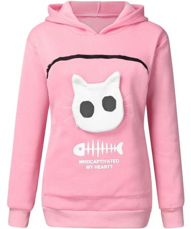 Womens Long Sleeve Cat & Dog Hoodie Sweater with Big Bag & Zipper - Warm Stylish Pink Sweatshirt - Buy Online on GoSupps.com