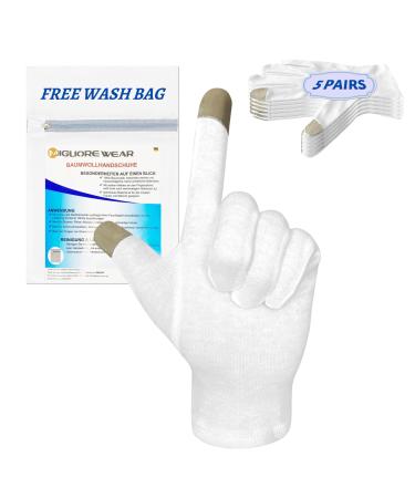 Migliore Wear 5 Pairs White Cotton Gloves for Eczema with Touchscreen Fingers Moisturising Gloves for Dry Hands Hand Care Jewelry Inspection Eczema Gloves for Adults with 1 Free Wash Bag 5 Pairs-Touchscreen Touchscreen White-M