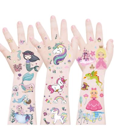 Mocossmy Princess Temporary Tattoos for Kids 9 Sheets Mermaid Princess Animals Butterfly Cute Waterproof Fake Tattoo Body Decoration DIY Crafts for Kids Girls Birthday Gifts Party Favor Supplies