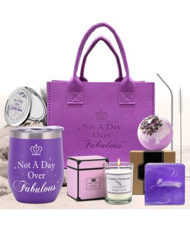 GOGOPARTY Purple Birthday Gifts for Women - Mothers Day Gifts Spa Gifts Bath Sets Basket with Tumbler  Compact Mirror  Scented Candle  Bath Bomb  Bath Soap  Gift Bag  Lavender Gifts for Mom