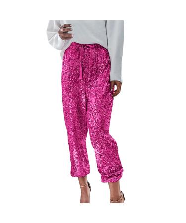 Duohropke sequin pants women gold sequins pants women silver leisure pants Elegant Sommer pants Baggy jogging pants glitter trousers with tunnel procession party pants disco fashion pants vintage dance pants xl pink