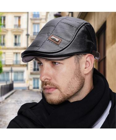 Men's Adjustable PU Leather Ivy Cap - Classic Golf Flat Cap for Driving and Fishing - Black - Buy Online on GoSupps.com