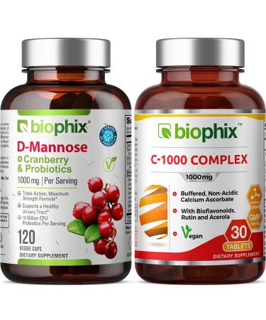 biophix D-Mannose Plus Cranberry Probiotics 1000 mg 120 Vcaps - Free Vitamin C-1000 30 Tablets - Supports Urinary Bladder Tract Health and Digestive Well Being
