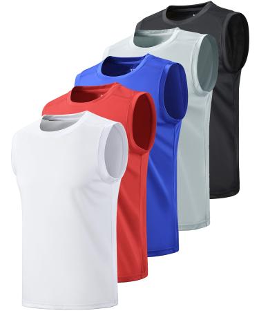 Liberty Imports Pack of 5 Men's Stretch Cool Dry Muscle Tank Tops Athletic Crewneck Sleeveless Workout Shirts White/Red/Blue/Gray/Black Large