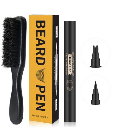 Beard Pencil Filler For Men(Upgraded)Black Beard Filler Pen Boar Bristle Brush Kit Filling Pen For Beard Water Sweat Proof Long Lasting Natural Mustache Color Enhance Beard BLACK PEN & BLACK BRUSH