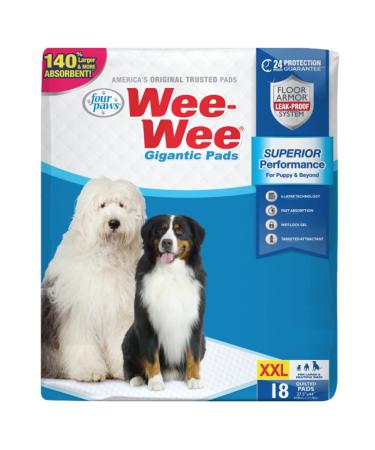 Four Paws Wee-Wee Pee Pads for Dogs and Puppies Training l Gigantic, XL, Standard & Little l Absorbent Pee Pads for Training Puppies, Leak-Proof 6-Layer Technology, 24 Hour Protection Guaranteed Gigantic 18 Count