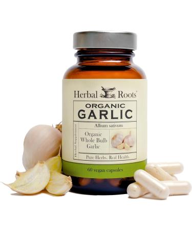 Herbal Roots Organic Whole Bulb Garlic Pills - Potent Extra Strength - Immune and Cardiovascular Support - 600 mg, 60 Capsules - Made in The USA