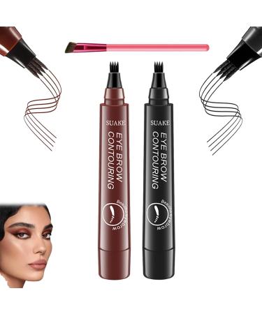 Suake Eyebrow Contouring Pen ChordBeaux 4 Tipped Precision Brow Pen Waterproof Sweat-proof and Non-smudging Four-pronged Eyebrow Pencil (Red brown & Natural black)