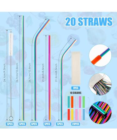 20 Pcs Stainless Steel Metal Straws 10.5" & 8.5" Curved Straws Straight Straws Long Drinking Straws Short Straws with Silicone Tips Straw Brush Storage Bag for 16 oz and 20 oz Tumbler Cups (Colorful) - Buy Online on GoSupps.com