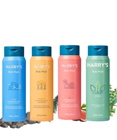 Harry's Men's Body Wash 18 Fl oz (Pack of 4) | Men's Body Wash and Shower Gel Variety Pack - Stone Redwood Fig & Spring Scent | Sulfate-Free for Men
