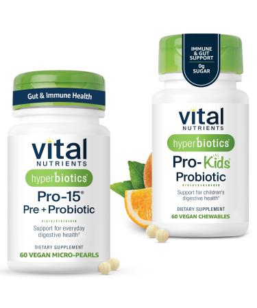 Hyperbiotics Vital Nutrients Family Probiotic Bundle Pro-15 Prebiotics + Probiotics for Adults (60 Time Release Pearls) & Pro-Kids Chewable Probiotic Tablets (60 Count)