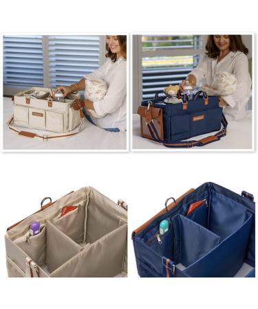 Waterproof Diaper Caddy with Shoulder Strap - Baby Diaper Organizer with Entertainment Pouch - Blue Canvas Fabric - Easy Clean Diaper Caddy with Multiple Compartments - Buy Online on GoSupps.com